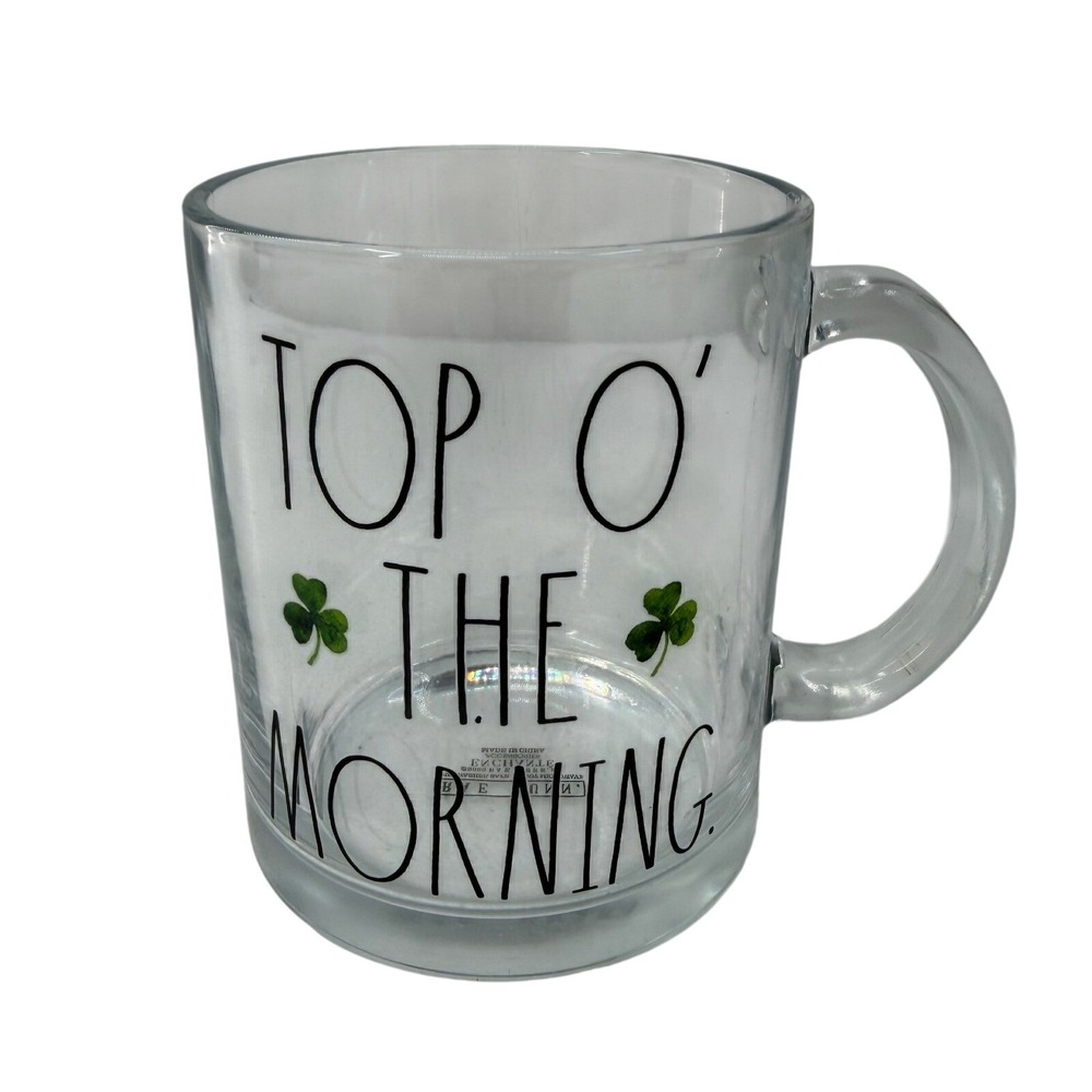 Rae Dunn Top O The Morning Glass Coffee Mug St Patricks Day Shamrock Clear Irish